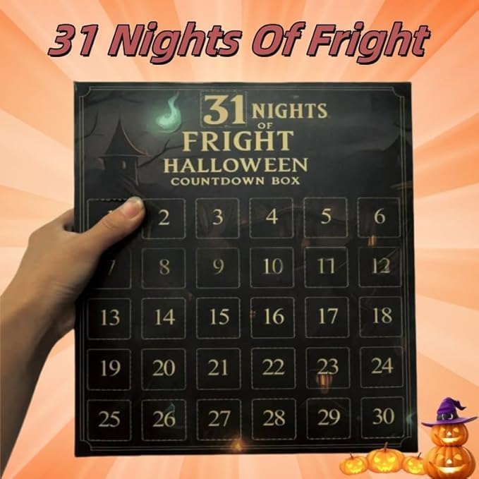 31 Nights of Fright - Halloween Countdown Box mit Figuren, Halloween Adventskalender 2025, Mini Dekorationen und Charms zum Aufhängen, Gruselige Puppen zum Sammeln (31