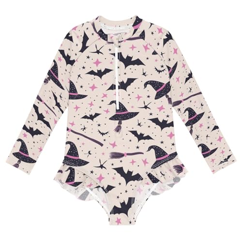 CaTaKu Girls One Piece Swimsuit Bat Witch Hat Toddler Bathing Suit Long Sleeve UPF 50+ Rash Guard Swimwear 3-12Y