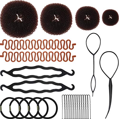 28 Pieces Hair Styling Kit Set, Included 4 Pieces Hair Donut Bun Makers, 2 Pieces Topsy Tail Hair Braids, 4 Pieces Hair Braiding Tools, 13 Pieces Hair Pins and 5 Pieces Hair Ties for DIY Hairstyle Acc