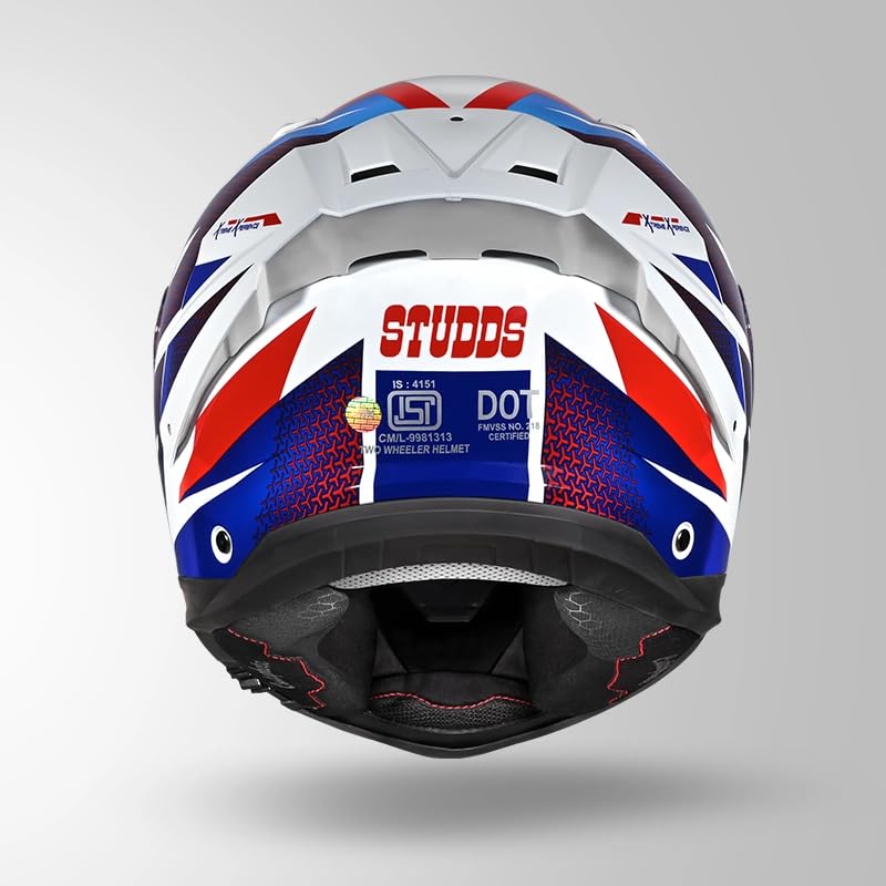 Image of Studds Helios D2 Circuit ISI and DOT Certified Full Face Helmet with Antifog 100 Lens and Dual Visor (White & Blue - M)