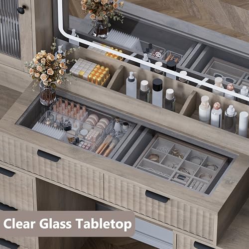 Image of Fluted Makeup Vanity Desk with Mirror and Lights, 55 inch Glass Top Vanity with 8 Drawers & 4 RGB Glass Cabinets, Adjustable Shelves & Power Outlet, Modern Dressing Table Set for Women Girls Bedroom