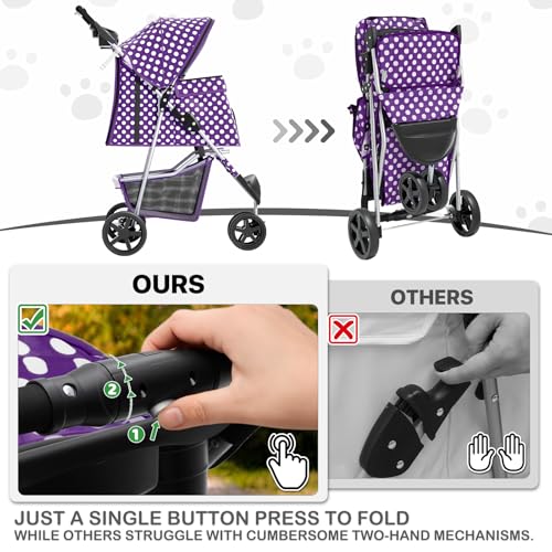Image of MoNiBloom 3 Wheels Pet Dog Cat Stroller for Small Medium Dogs Cats, Foldable Jogger Stroller w /Storage Basket and Cup Holder, Purple Polka Dots
