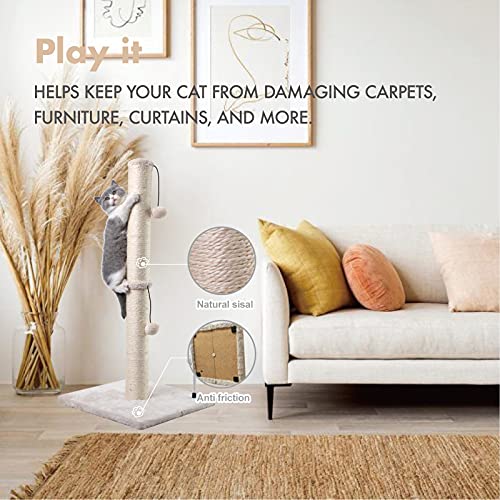 MECOOL 34” Tall Cat Scratching Post Premium Basics Kitten Scratcher Sisal Scratch Posts Trees with Hanging Ball for Indoor Cats, Beige - Image 4