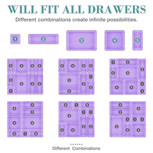 Image of 23 PCS Drawer Organizer Set, 5 Size Bathroom and kitchen organizer Trays | Bathroom and kitchen Drawer cabinet organizer Trays, Clear Storage Bins for Makeup, Jewelry, Utensils and Gadgets