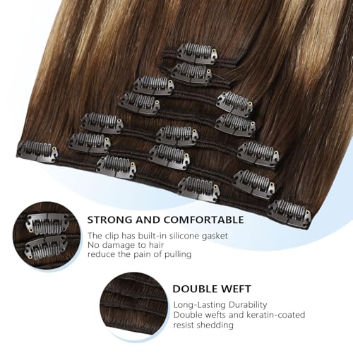 Image of COOKAYU Clip in Hair Extensions Real Human Hair, 4 /27 /4 Medium Brown to Caramel Blonde Balayage Real Human Hair, Remy Clip in Hair Extensions 14 inch 120g 7pcs