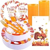 bUCLA 175PCS Thanksgiving Plates - Turkey Plates & Orange Disposable Silverware - Include 25Dinner Plates,25Salad Plates, 25Knives, 25Forks, 25Spoons, 25Cups, 25Napkins for Thanksgiving