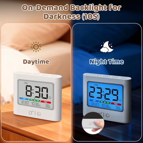 ALANAS Small Battery Alarm Clock, Portable Pocket Size Travel Alarm Clock,Date Temperature Humidity Display, Snooze, Backlight, Wall Mountable, for Student Dorm, Desk, Shelf - Image 3