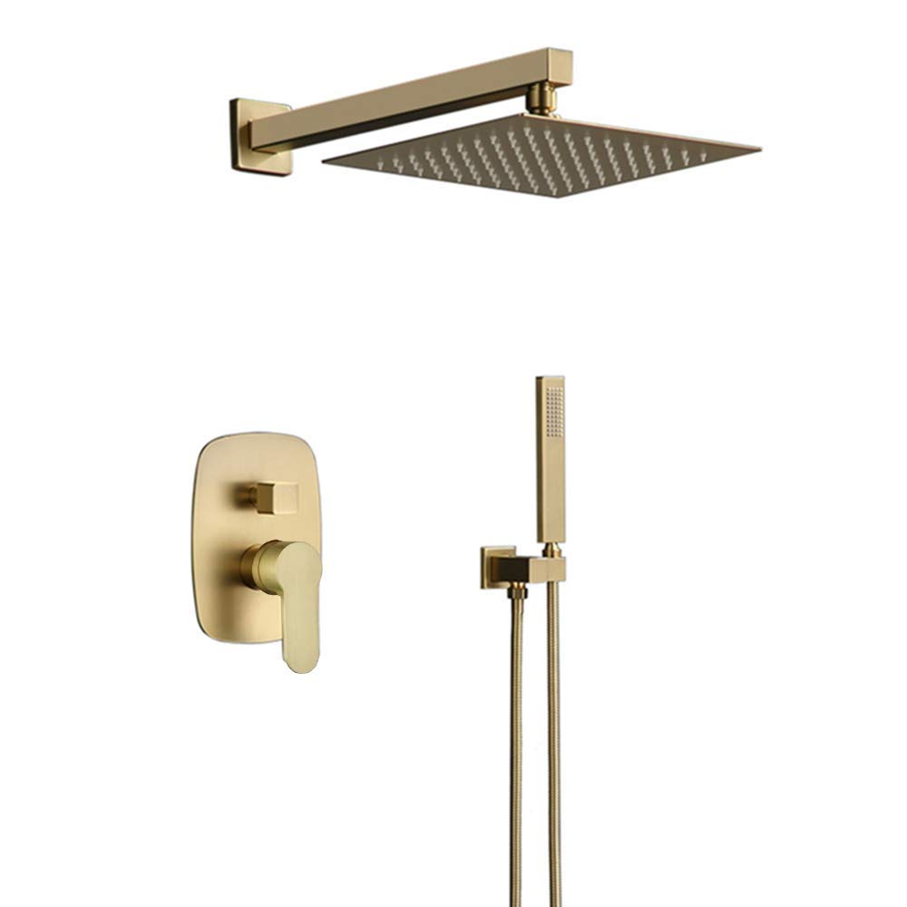 Sistema de Ducha, Juego de Grifo de Ducha contemporáneo de Oro Cepillado de latón con Otra válvula de cerámica, Juego de Grifo de Ducha de baño, 10 Pulgadas