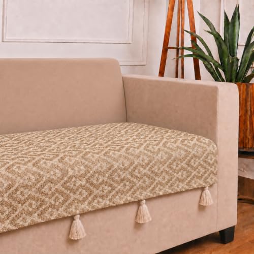 Image of STITCHNEST 'Nomad Weave Collection' 1 Seater Sofa Cover|Elegant Jacquard Fabric, Decorative Tassels, Washable & Durable for Modern Living25