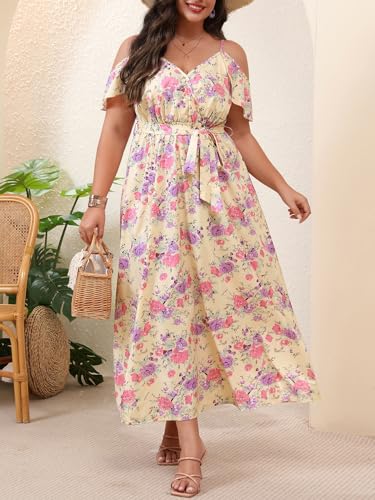 Image of Floerns Women's Plus Size Cold Shoulder Short Sleeve Split Thigh Long Dress