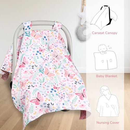 Image of Baby Car Seat Cover, Peekaboo Opening Car Seat Canopy for Baby Girls Boys, Mom Nursing Breastfeeding Covers, Blanket for Infant, Butterfly