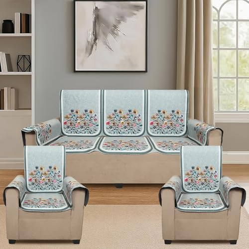 Image of Velvet 3 Seater Sofa Cover with 6 Seat and Back Covers, 2 Hand Rest Covers - Floral Design - Washable Fabric - Stylish Sofa Cover for Modern Living Room (Light Green, 3 Seater With Arm Cover)