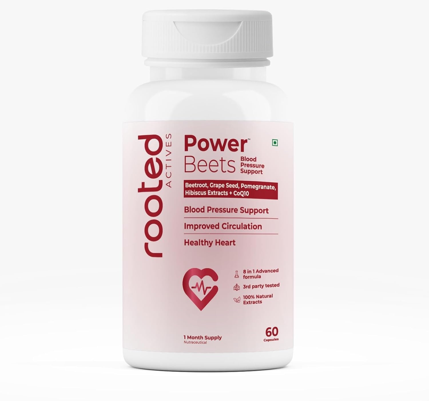Rooted Active Power Beets – Blood Pressure Support Supplement, Natural Blood Pressure Formula with Beetroot, CoQ10, Grape Seed, Hibiscus, L-Citrulline, Non-GMO, Gluten Free, Vegan (60 Capsules)