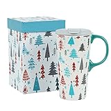 Topadorn Christmas Tree Ceramic Mug Coffee Cup with Spill-proof Lid and Box, 17 Oz.