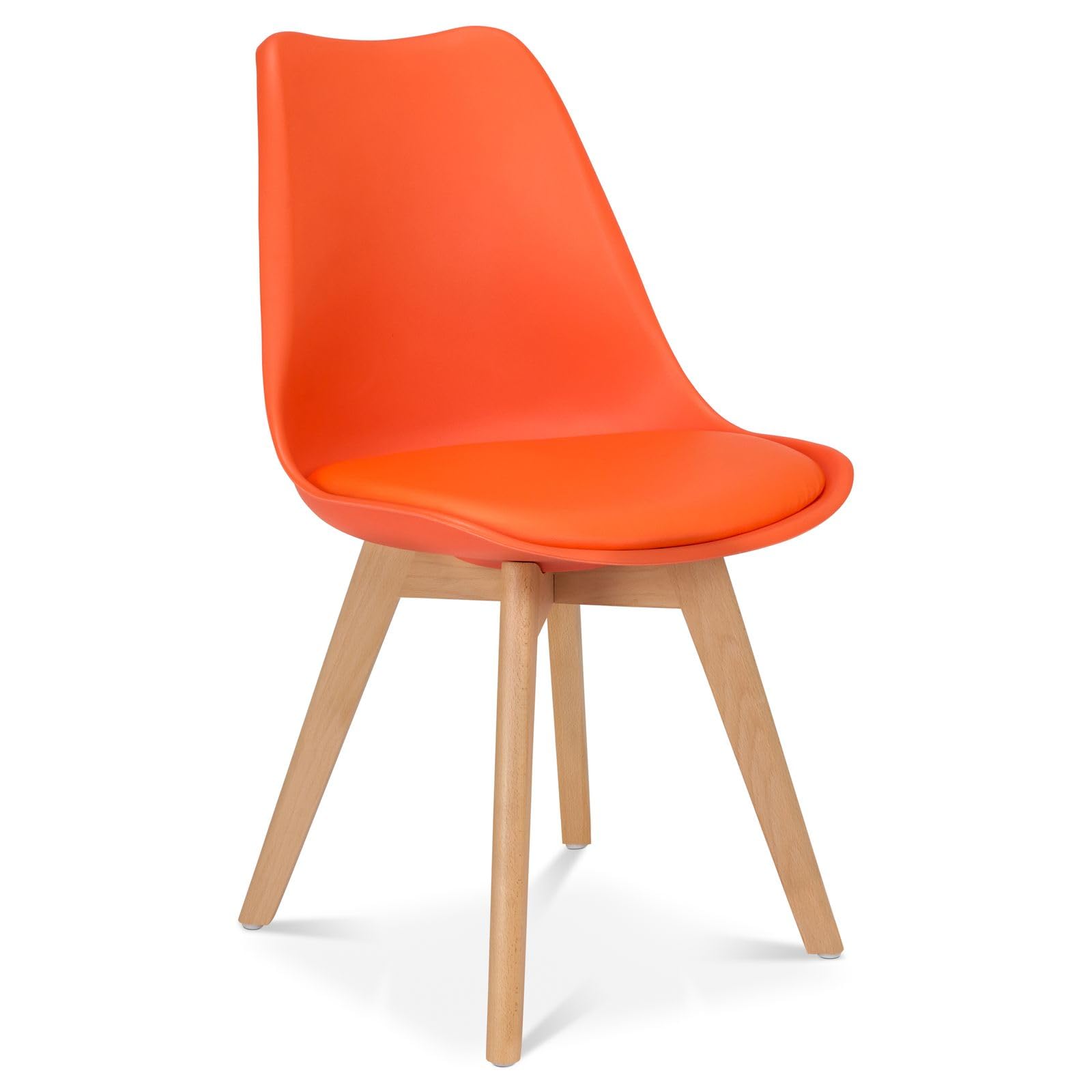 Bravich Rocco Dining Chair with Cushion Pad Seat, Orange Plastic Kitchen Chair with Wooden Legs, Modern Single Accent Chair for Dining Room, Bedroom, Dressing Table and Vanity