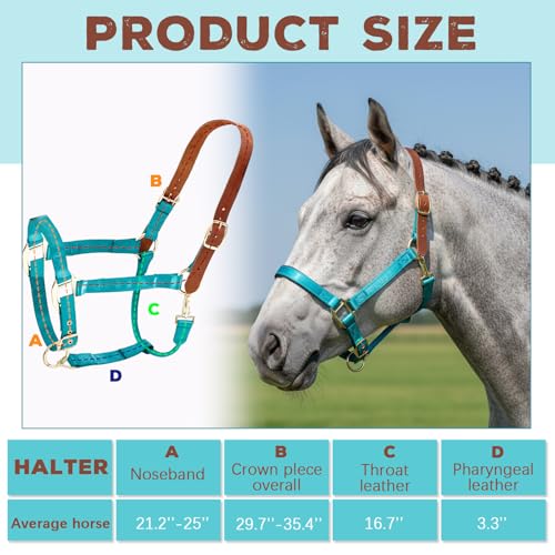 Image of Leather Halter for Horses, Equine Breakaway Nylon Rope Horse Halter with Snap & Adjustable Chin and Throat Snap Hook Halters for Training, Show and Daily Use, Average Size
