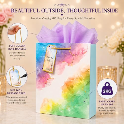 Image of Flora Paperbags | Paper Bags for Gifting - Pack of 5 | Gift Bags with Handles for Return Gifts, Wedding, Birthday, Baby Shower, Diwali & Corporate Gifting | Medium Size 30 x 23 x 9 cm | Paper Gift Bags