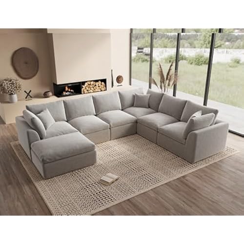 ohllob Oversized Cloud Couches for Living Room, Boneless Sectional Couch with Ottoman, 7 Seater Large Modular Sectional Sofa, Light Grey