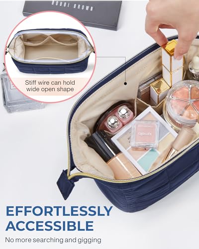 Image of BAGSMART Makeup Bag Travel Toiletry Bag, Puffy Padded Make Up Bags for Women Makeup Organizer Case, Wide-open Pouch Purse Travel Essentials Toiletries Accessories Brushes, Navy Blue