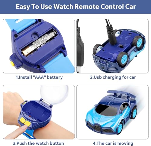 Image of Brand Conquer Mini Remote Control Car Watch Toys, Easy Control Safe 98.4ft Remote Control Distance Cute Wrist Racing Car Watch Silicone Strap with Dust Cover for Outdoor (Bugatti Divo Blue)