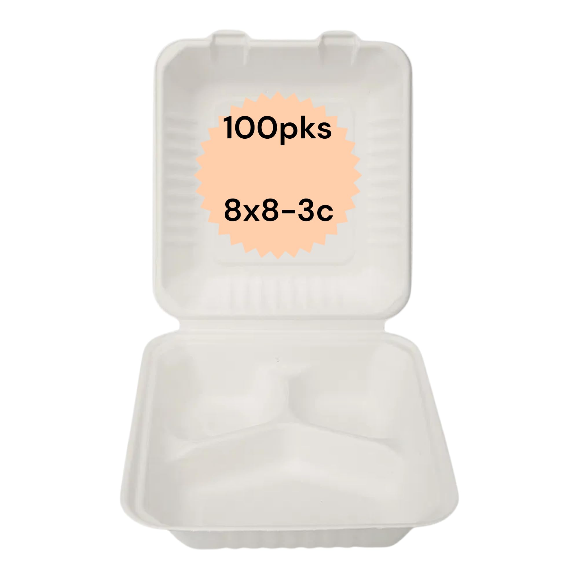 SHELBRO-100pcs x Eco-Clamshell 8" x 8" -3 compartments Bagasse Burger Boxes-take away food container-made from natural sugarcane pulp-eco friendly food containeri-disposable food container. (100pcs)