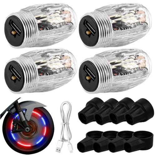 Lot de 4 lumières de Roue de vélo à LED colorées - Bouchons de Tige de Valve intelligents - Bouchon de Valve de Pneu Rechargeable - Lampe Clignotante pour...