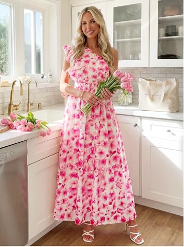 Image of ZESICA Women's 2026 Summer Floral Sleeveless Maxi Dress | One Shoulder, Sleeveless, Ruffle, High Waist, Beach Wedding Guest, Vacation, Graduation, Bridal Shower, Boho Long Dresses