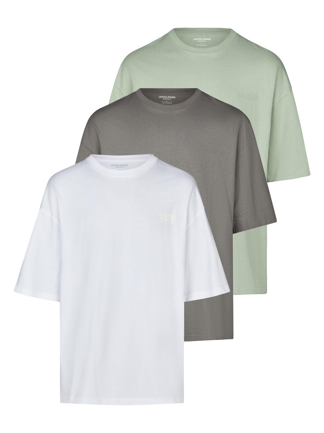 JACK & JONES Tshirt Herren Oversize Fit JJECHARGE 3er Set Pack Rundhals Kurzarm Sommer Tee Shirt Print Schwarz Weiß Beige Grün Grau Braun S M L XL XXL 3XL