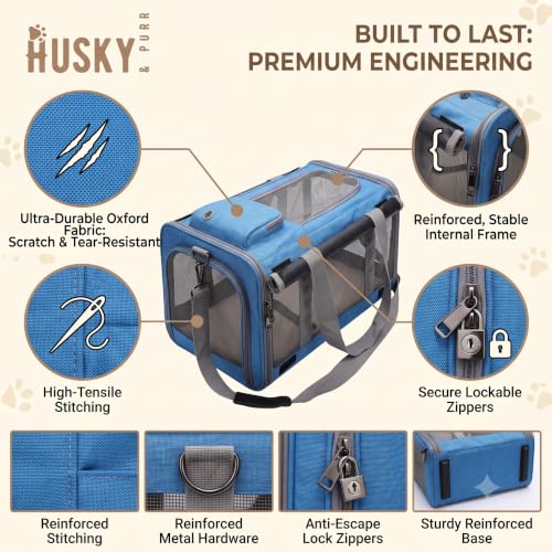Image of Husky & Purr Pet Carrier for Cats & Small Dogs | Airline Approved Soft-Sided Cat Bag Carrier | Cat Carrier & Dog Carrying Bag with Privacy Curtain, Safety Leash & Storage Pocket | Up to 9kgs