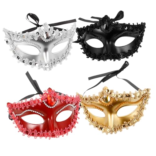 BRIGHTFUFU 4 pièces Masques de Bal Masqués Garçon Fille Demi Visage pour Fête Carnaval Cosplay Spectacle Noir Rouge Or