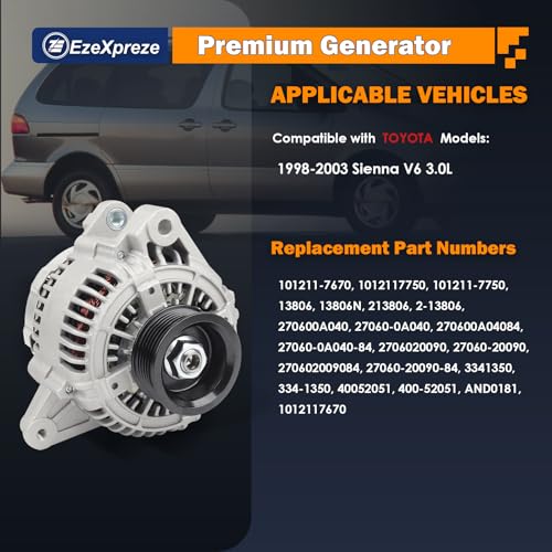 Image of Ezexpreze Alternator Replacement 13806 New for 98-03 Toyota Sienna 3.0 V6, 1998 2000 2001 2002 2003 98 99 00 01 02 03 270600A030 AND0181 40052051 27060-0A040 27060-0A040-84 27060-20090 27060-20090-84