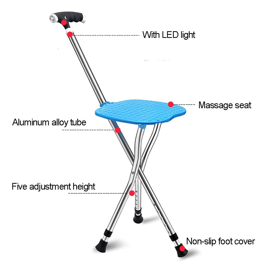 Taburete Plegable para bastón para Caminar, Silla Plegable, bastón Ligero retráctil con ángulo de luz LED para Personas Mayores, Viajes al Aire Libre, Taburete de Descanso para Pesca