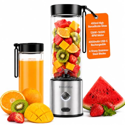 HOMEBASIC Portable Blender for Smoothies & Juices, 450ml Borosili...