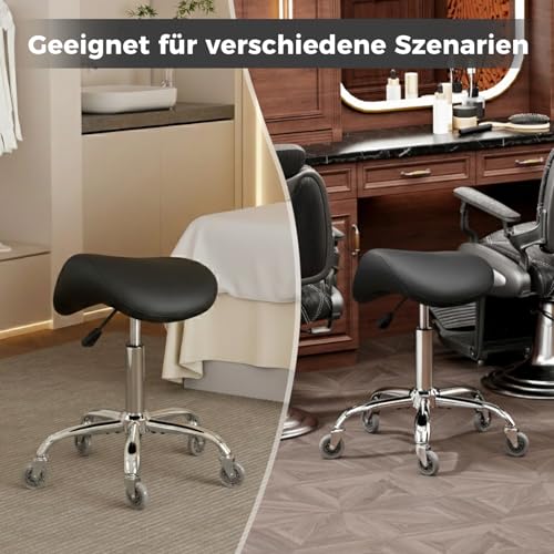BEWISHOME Sattelhocker Höhenverstellbar, Sattelhocker mit Rollen, 360° Drehhocker Rollhocker, Ergonomischer Hocker, Tragfähigkeit 200 kg für Schönheitssalons, Spas Salon und Kliniken (Schwarz)