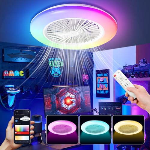 Yakimz ventilador de techo con iluminación, Smart RGB LED lámpara con ventilador 3 temperaturas de color, lámpara de techo con luz 6 velocidades, temporizador, funcionamiento verano-invierno
