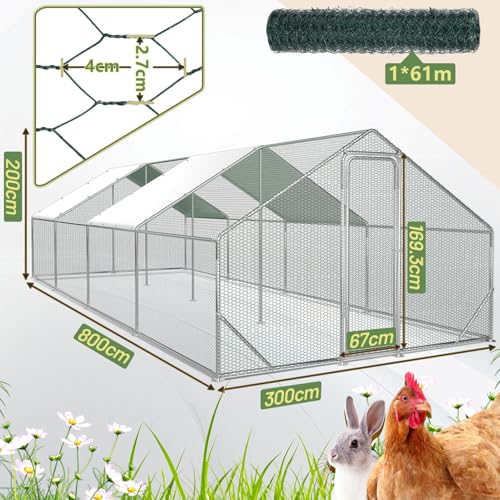 Sonnewelt Freilaufgehege 3x8x2m Hühnerstall Verzinkter Stahl Kleintierstall Hühnerhaus Dach Geflügelstall mit Sonnenschutzdach und Tür für Haustierkäfig Hühnerkäfig Vogelkäfig Kleintiere Pflanzen