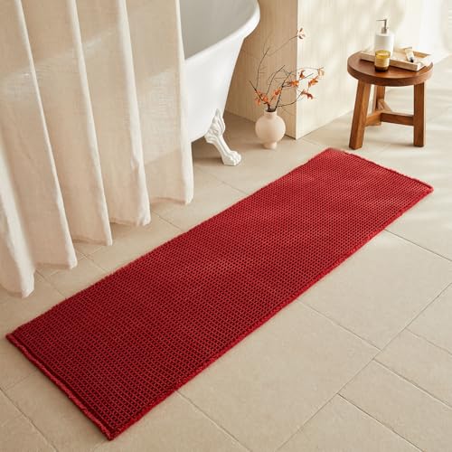 TYUU Waffle Runner Rug Bathroom, Long Boho Bath Mat, 72x24 Burgundy