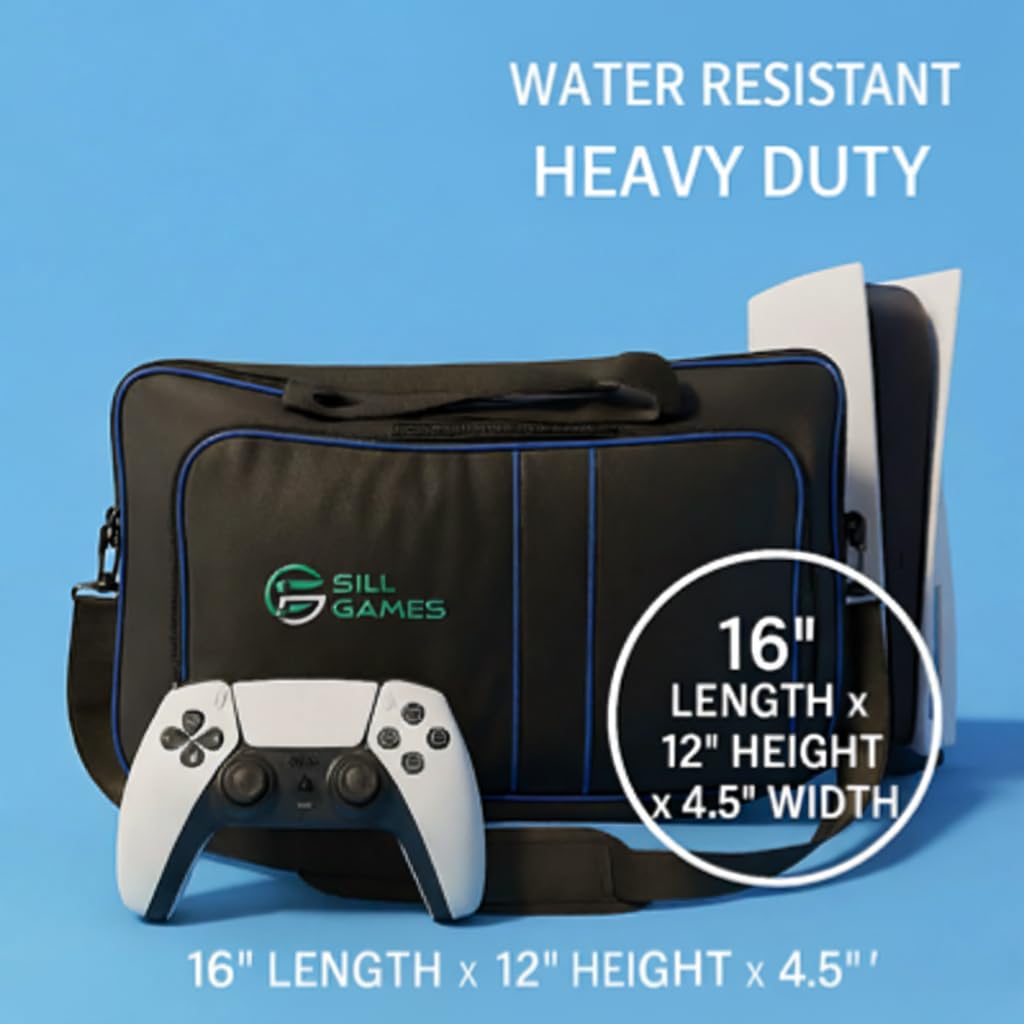 Sill Games Carrying Case compatible with PS5 with Strap, Protective PlayStation 5 Travel Bag for Console, Controllers & Game Discs, Durable PS5 Case Travel Organizer with Bag & Waterproof Pouch