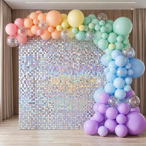 Image of Iridescent Silver Shimmer Wall Backdrop 36 Panels Cover 6 x 6 Ft, Photo Backdrops for Wedding,Anniversary,Birthday,Party Decoration