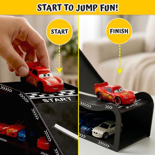 Image of Toy Car Display Track for Hot Wheels Style Cars, 1:64 Diecast Car Storage Organizer, Kids Car Parking Garage with Racing Ramp, Holds up to 22 Mini Cars, MDF Tabletop Display Rack for Boys Room Gift
