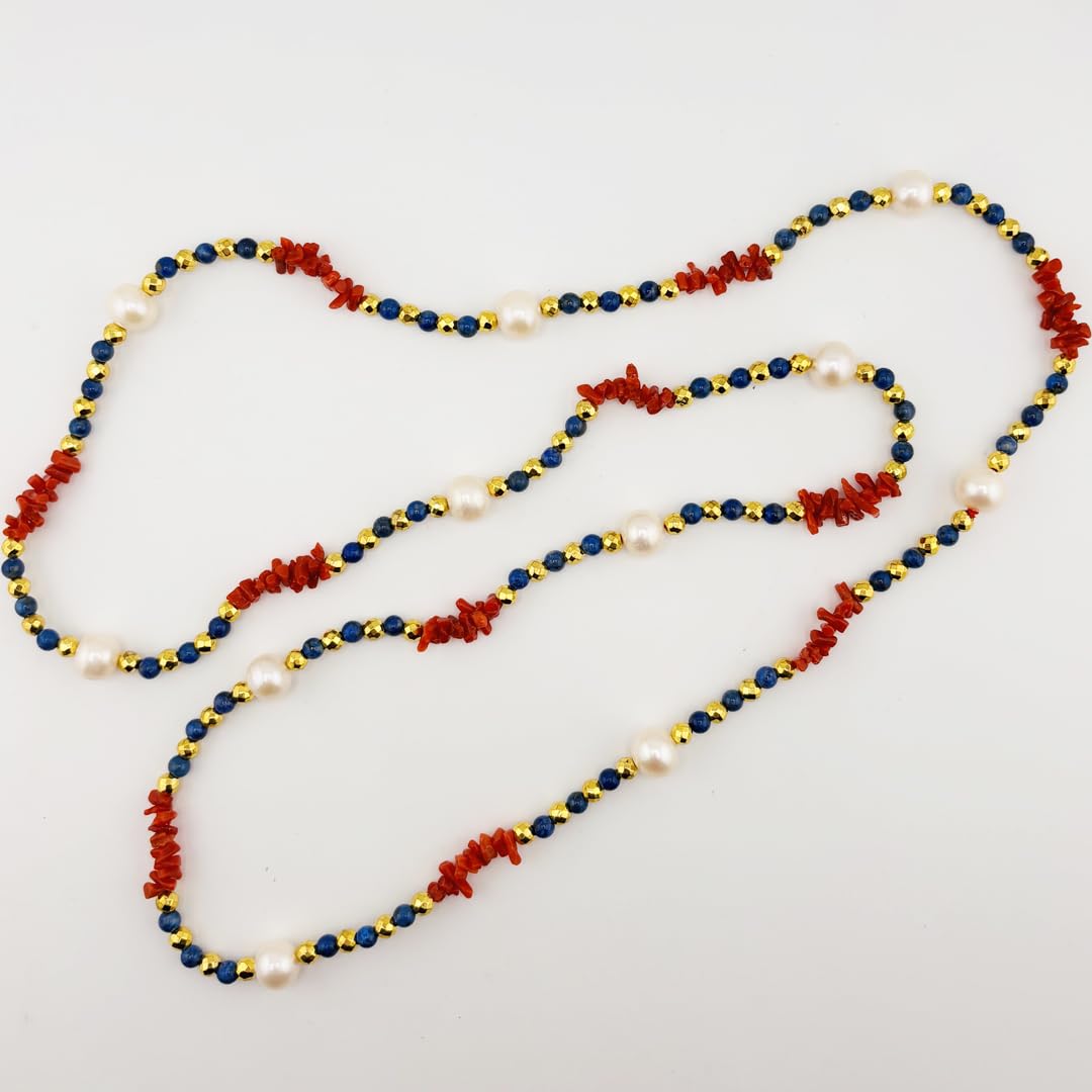 Generico Collana lunga sfere in giada blu cupolini in corallo rosso naturale del Mediterraneo ematite e perla naturali di acqua dolce gioiello artigianale da donna ragazza