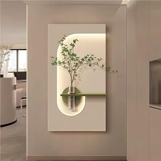 TJTKWIR Wall Painting Decoration for Entry, Luminous 3D Wall Sculpture Painting Decor with Fake Plants and Glass Vase, Sandstone Wall Mural for Living Room Bedroom(Green,Medium)