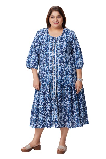 Women Plus Size Cotton Fabric Casual and Comfortable and Casual Indigo Color Maxi Dress Size XL to 6XL