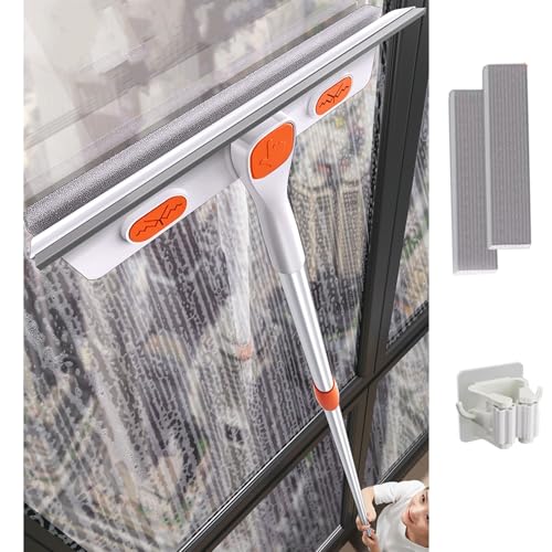 EXCLURA Rasqueta Limpiacristales Escobilla de Goma Telescópica para Ventanas y Esponja con Mango Largo, Herramienta de Limpieza de Ventanas 2 en 1, Herramienta Limpiadora de Parabrisas con Soporte(S)