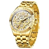 OLEVS Watches for Men Skeleton Business Dress Gold Face Gold Stainless Steel Waterproof Luminous Mens Wrist Watch