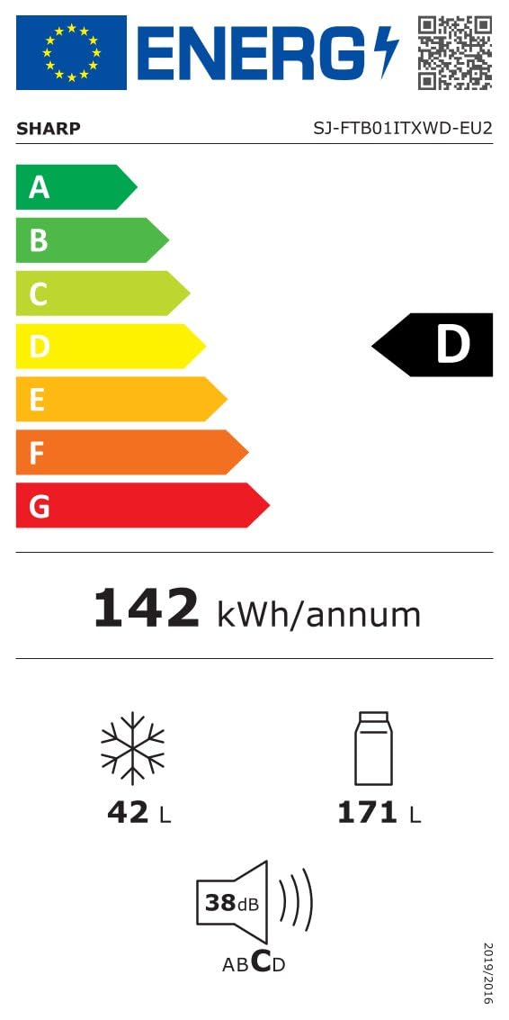 SHARP Réfrigérateur/Congélateur SJ-FTB01ITXWD-EU2 - Largeur : 54 cm - Volume : 213 l dont 42 l dans le congélateur - 39 dB - Système de refroidissement NanoFrost - Éclairage intérieur LED - Commande