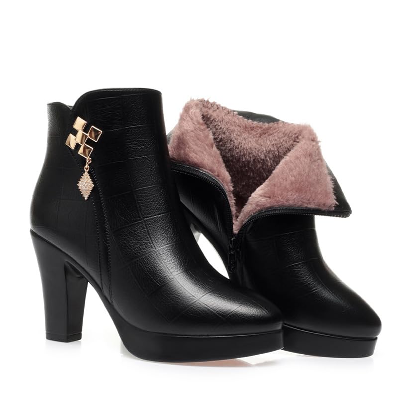 Womens Pointed Toe Chunky Block High Heel Ankle Boots Side Zip Comfortable Fur Lined Winter Kitten Heel Dress