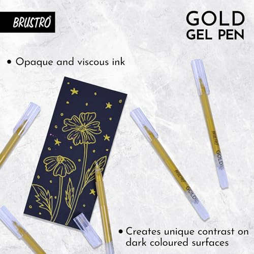 Image of BRUSTRO Gold Gel Pen|Pack of 12-1mm Metal Tip,Opaque and Viscous Ink|Ideal For Drawing,Writing,Highlighting,Doodling,Scrapbooking,Mandala Art,Illustration,Fine Art Students and Professionals