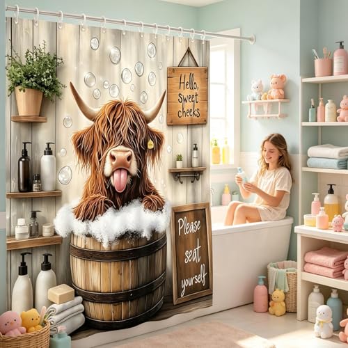 Rideau de douche vache en tissu imprimé rustique durable pour salle d'eau - 3