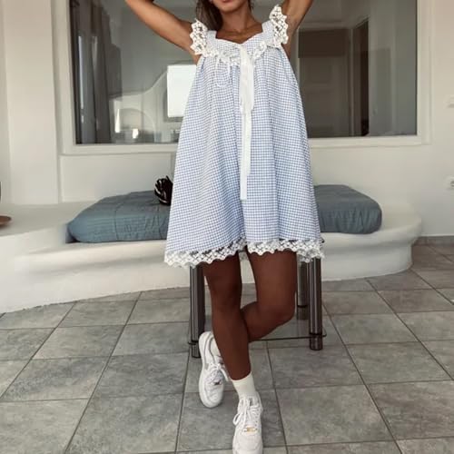 Image of NUFIWI Y2K Ruffle Hem Babydoll Mini Dresses Square Neck Spaghetti Strap Short Dresses Boho Flowy Patchwork Sundress Vocation